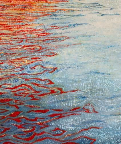 Isabelle Wiessler, The soul of the ocean 2, photo by the artist Isabelle Wiessler, The soul of the ocean 2, ein Quilt mit blauen und roten Lichtreflexe auf Wasseroberfläche